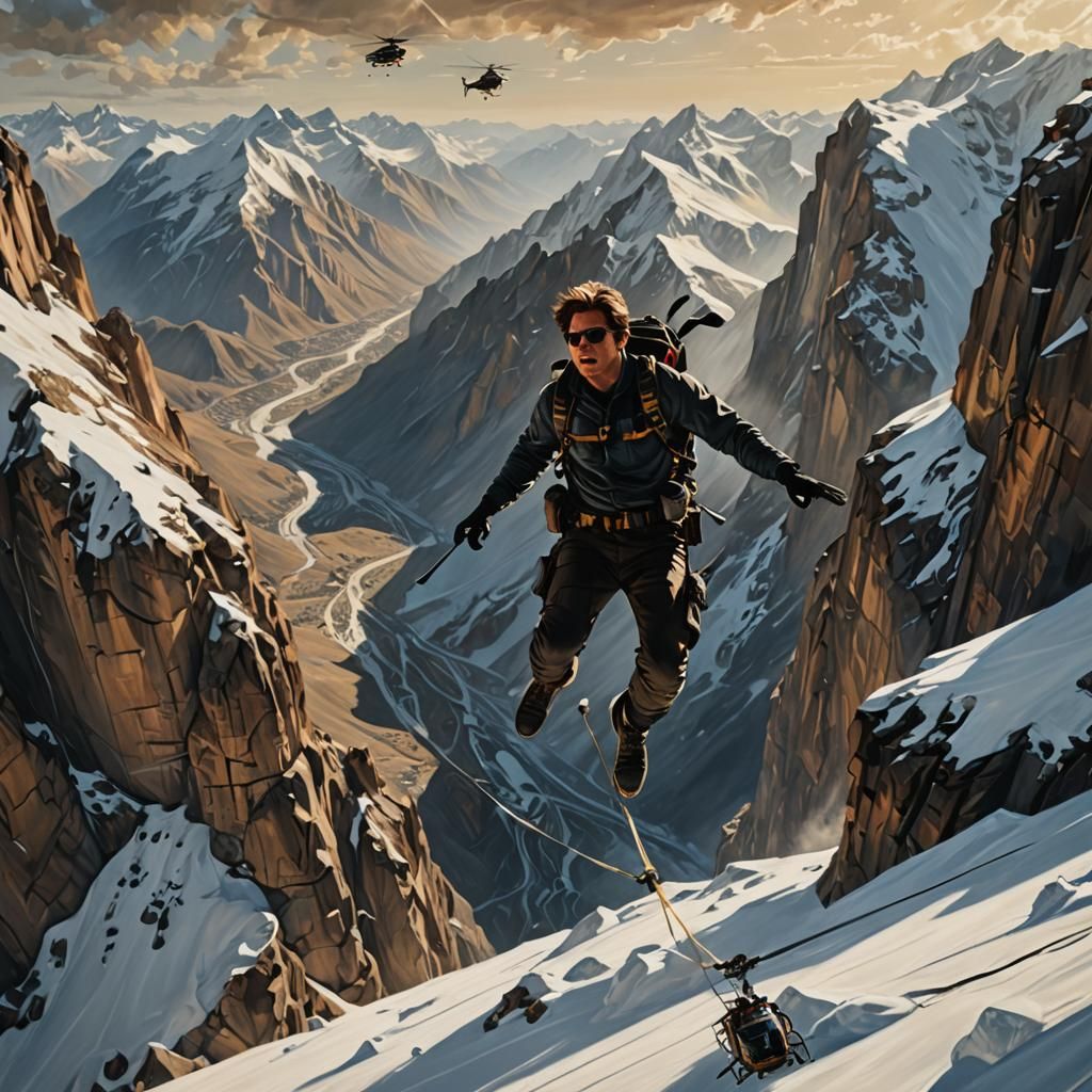 Ethan Hunt Dangling from Helicopter, Oil Painting Style