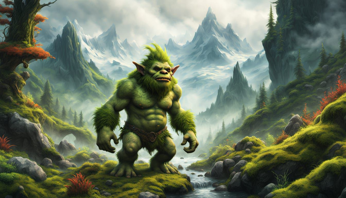 Moss Troll in Lush Forest: Hyperrealistic Concept Art