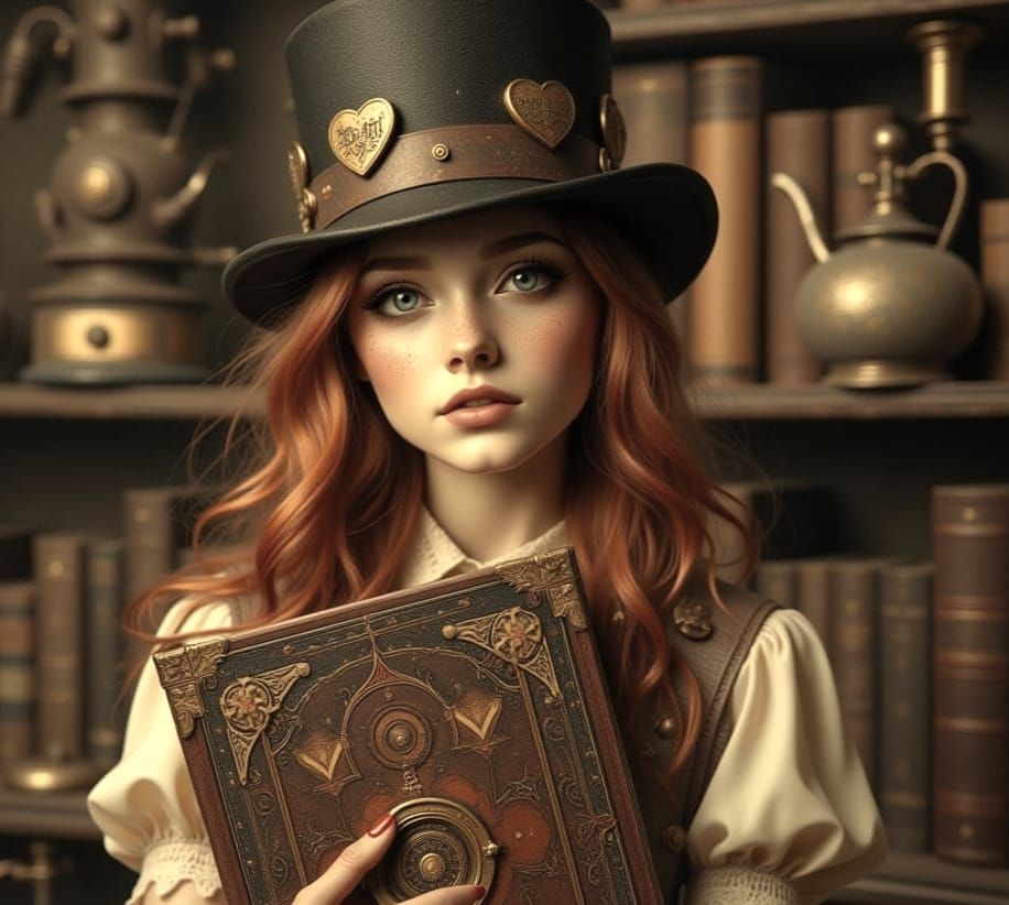 Steampunk Girl Finds Answers in Ancient Tome