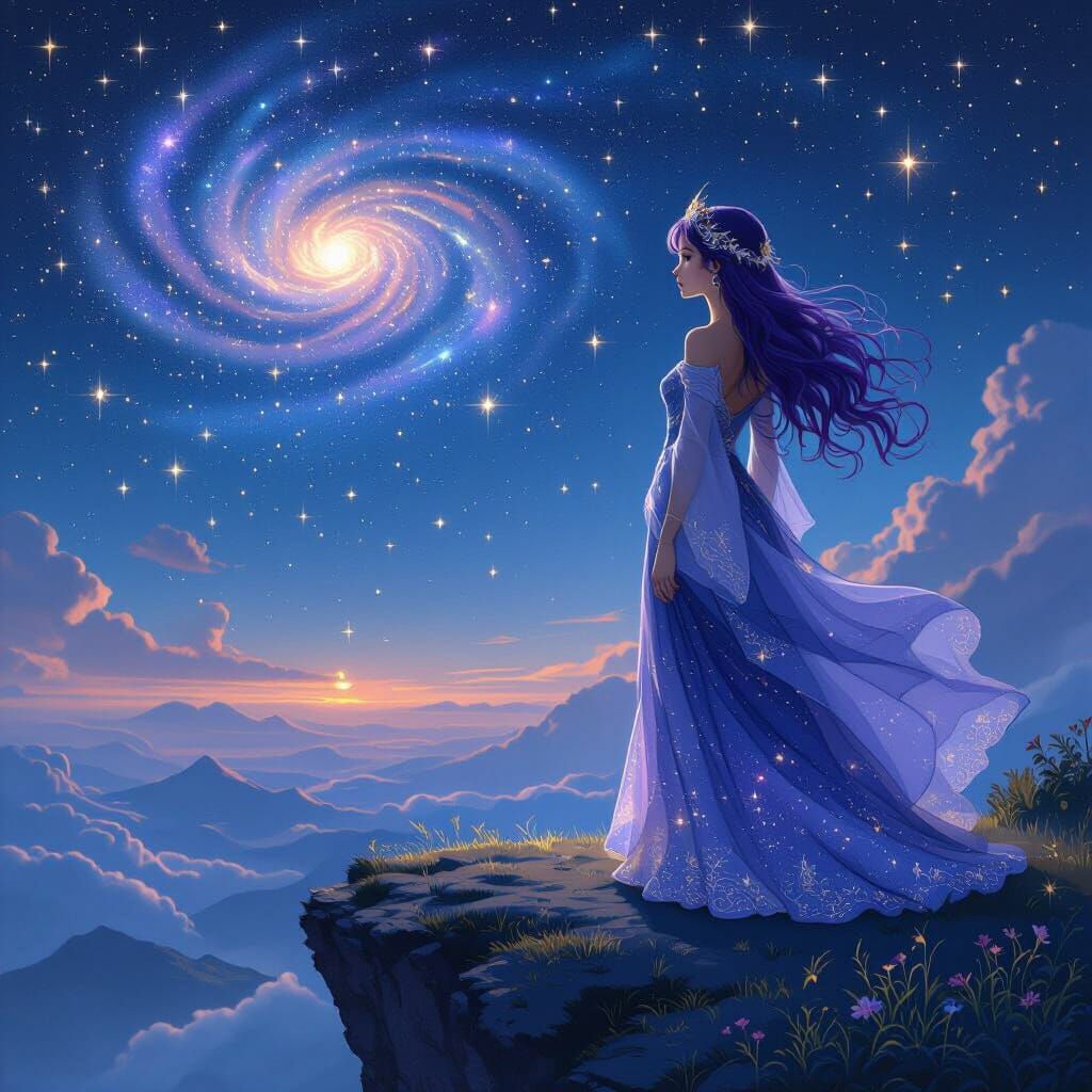 Woman with Purple Hair Gazing at Starlit Cosmos