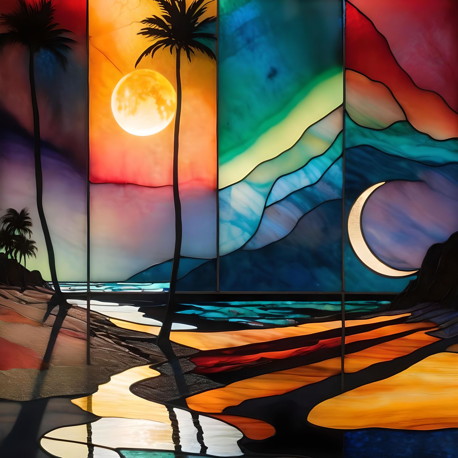 Bioluminescent Beach in Stained Glass Style