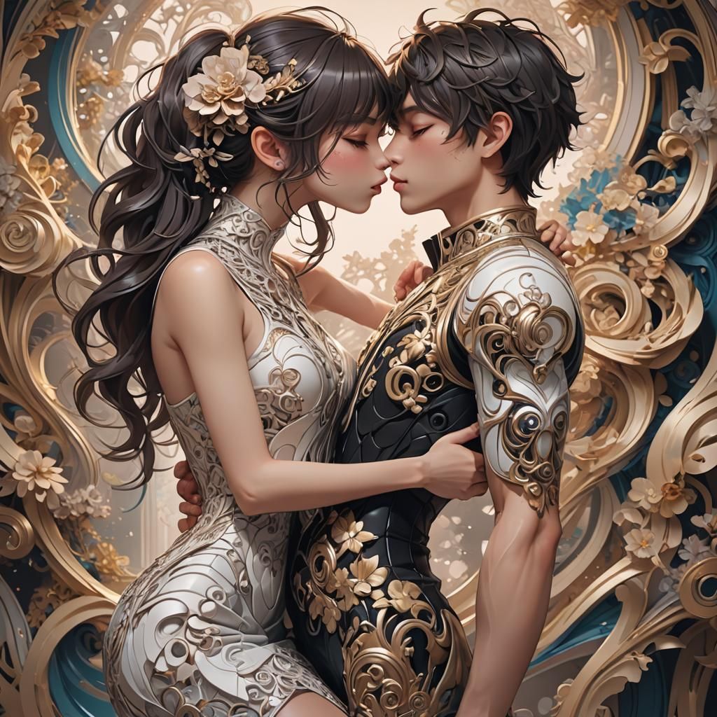 Passionate Lovers Embrace: Detailed 3D Anime Art