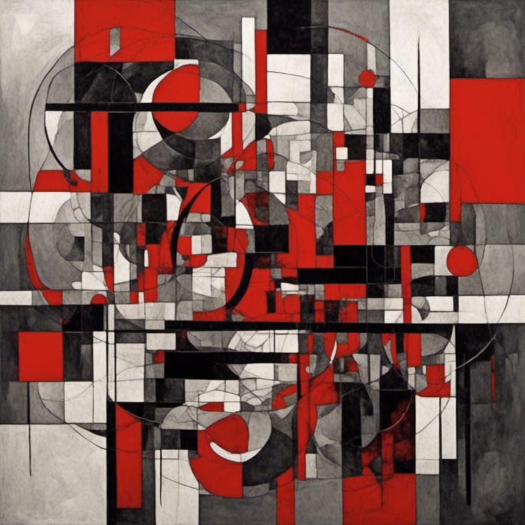 bstract style of Wassily Kandinsky's red, white, gray, and black
