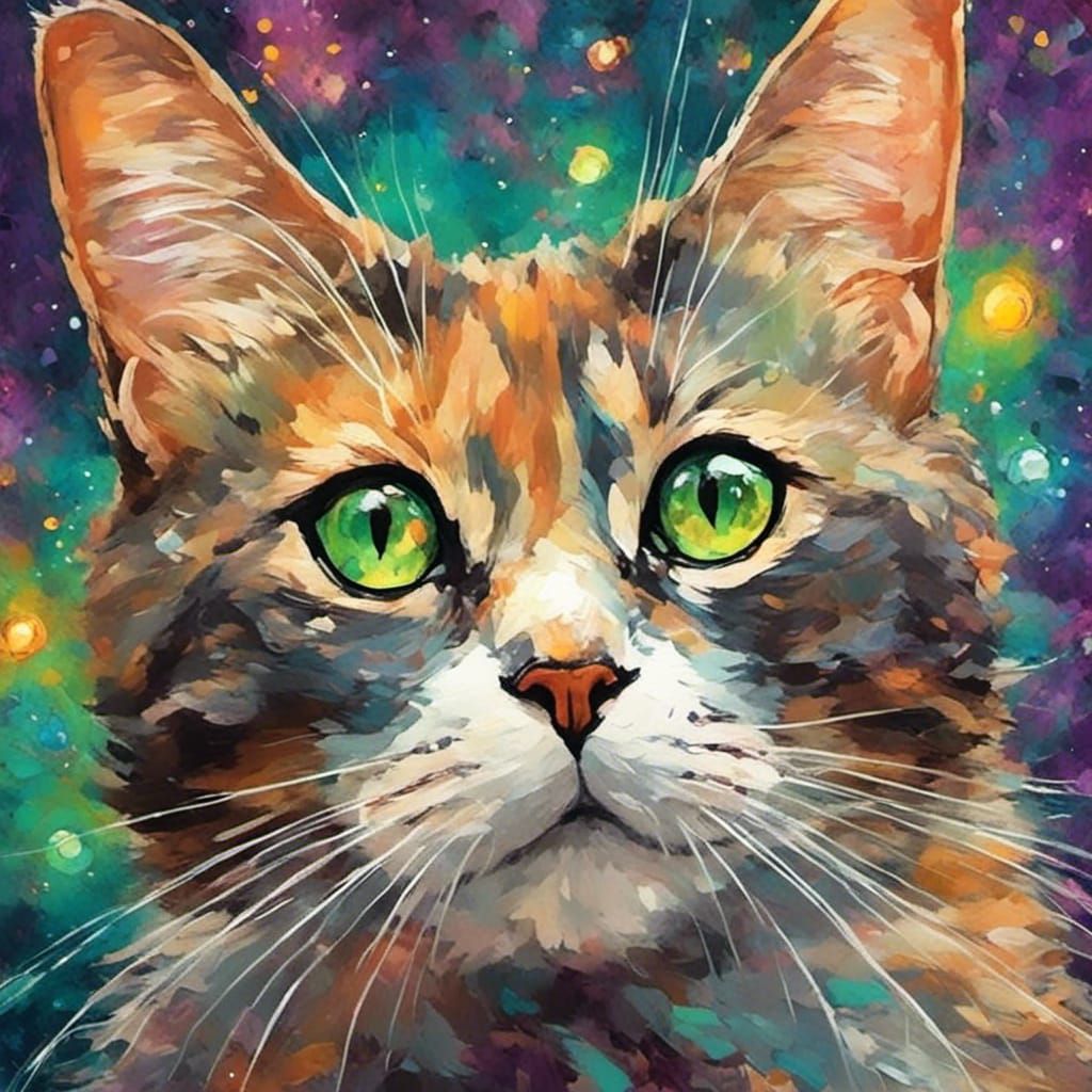 Pearl-Coated Cat Portrait in Fauvist Style