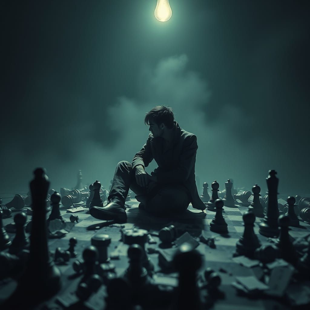 Contemplative Figure Amidst Scattered Chessboard