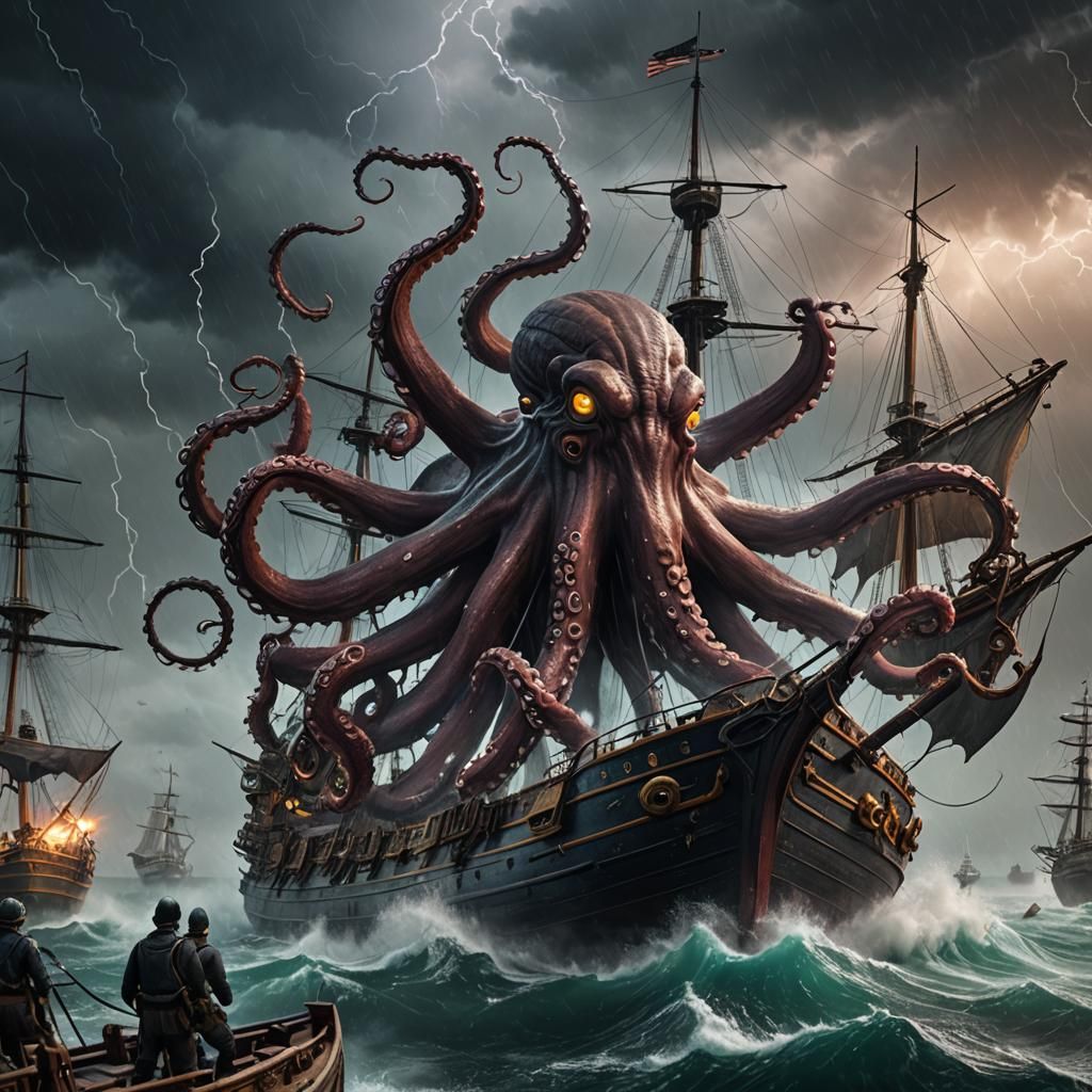 Giant Octopus Attacks Ship in Storm: Fantasy Art