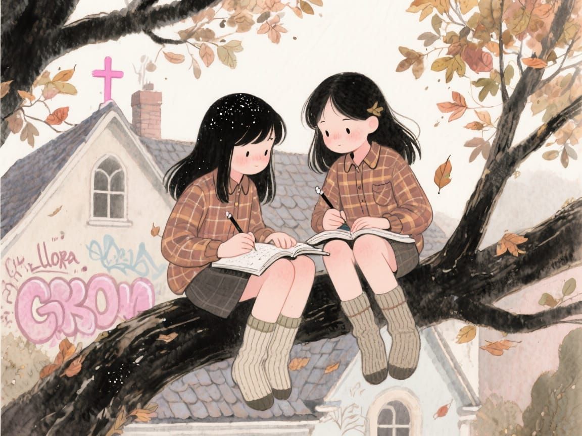 Girls on Branch: Watercolour Autumn Scene