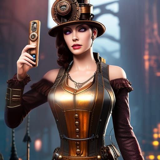 Woman with a steampunk smartphone