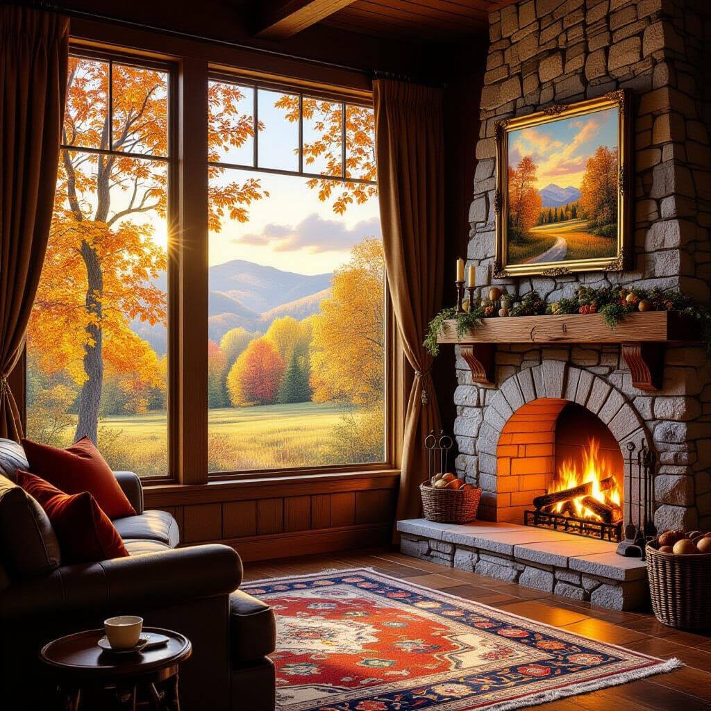 Cozy Autumn Living Room with Fireplace and Landscape View