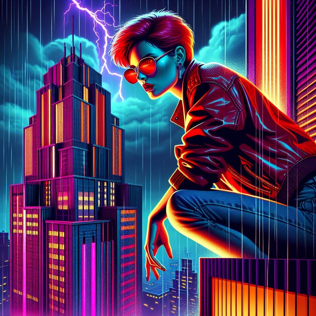 Synthwave Vampire on Art Deco Highrise in the 1980s