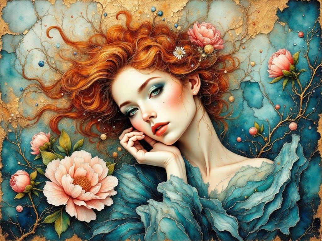 Elegant Woman with Peony in Oil Painting Style