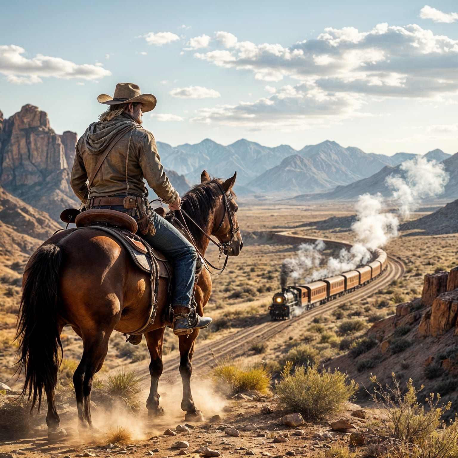 Cowboy Watches Train from Mountain Ridge in Western Style
