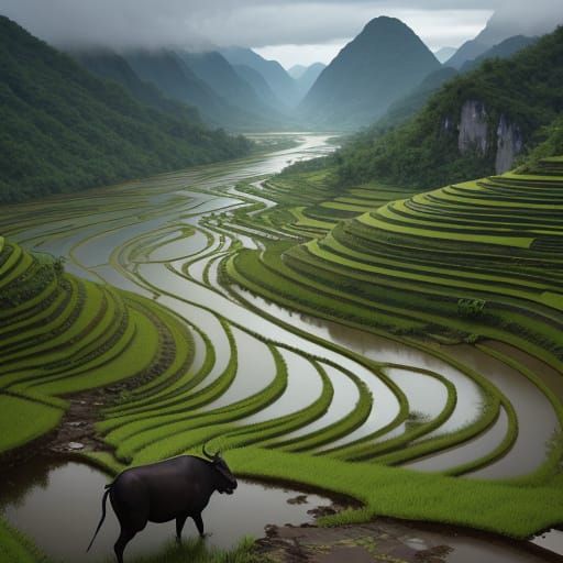Vietnamese Farmer Guides Water Buffalo through Stormy Rice P...
