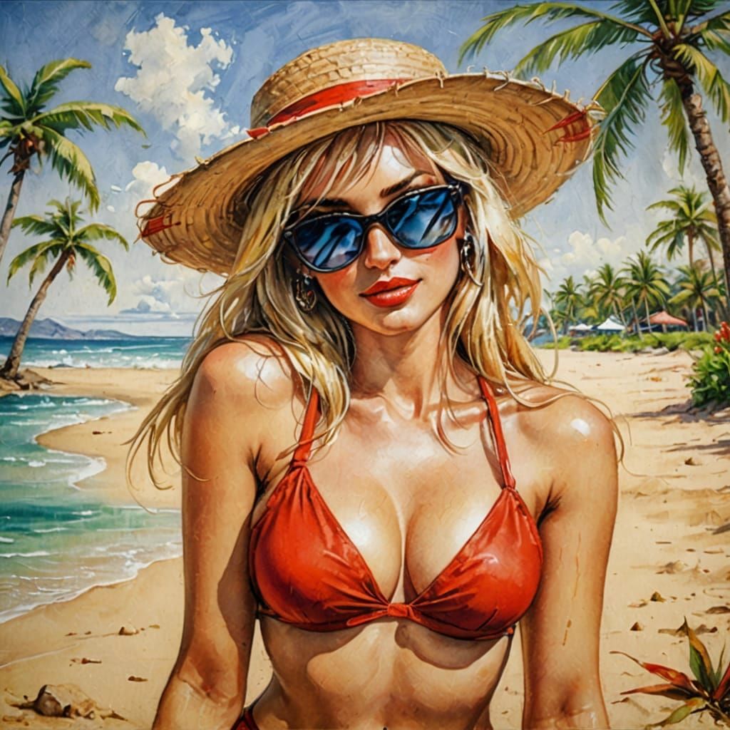 Woman in Red Bikini on Summer Beach Oil Painting
