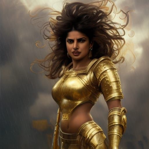 Warrior Woman in Gold Armor, Hyperdetailed Portrait