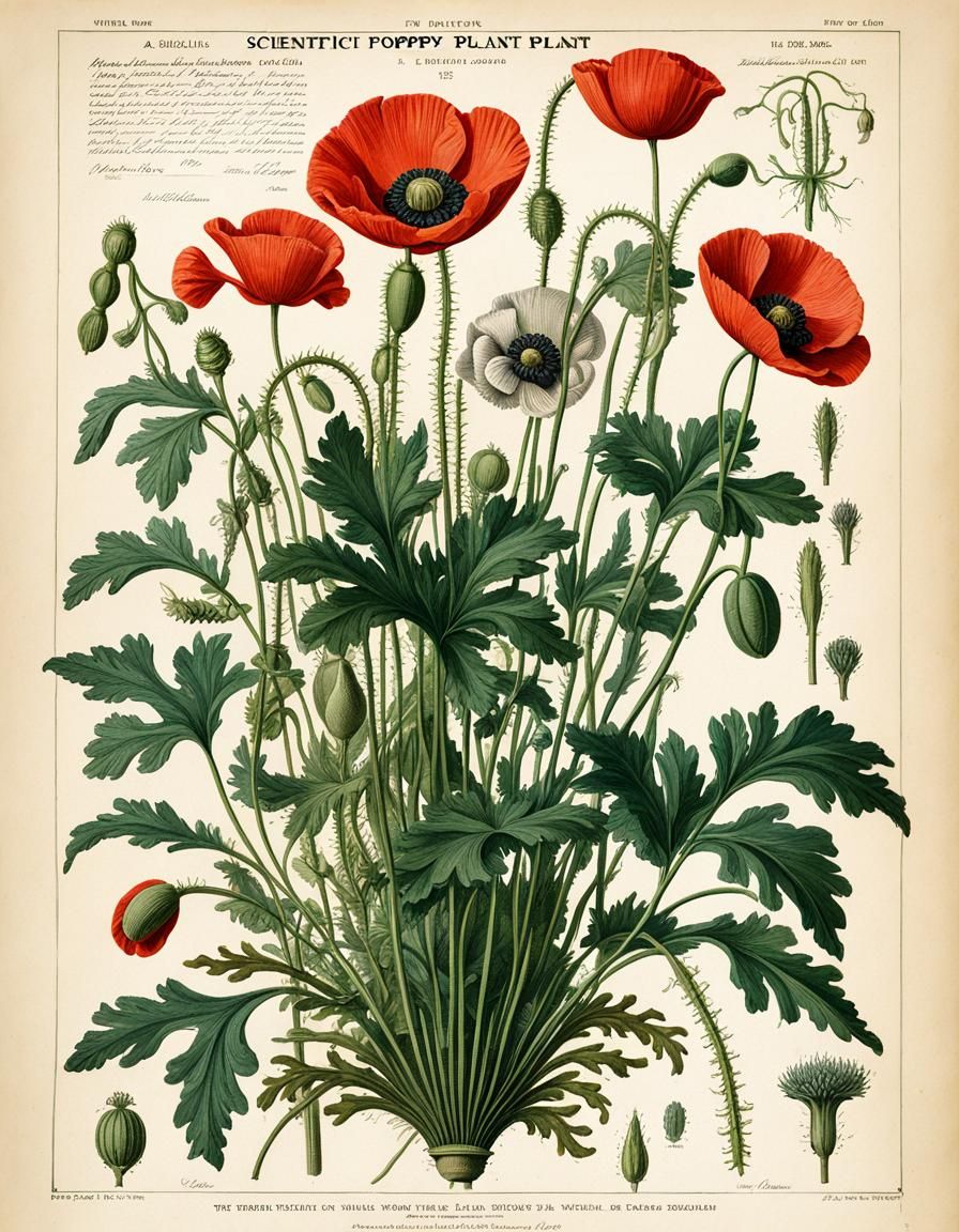 Vintage Botanical Poppy Plant Illustration