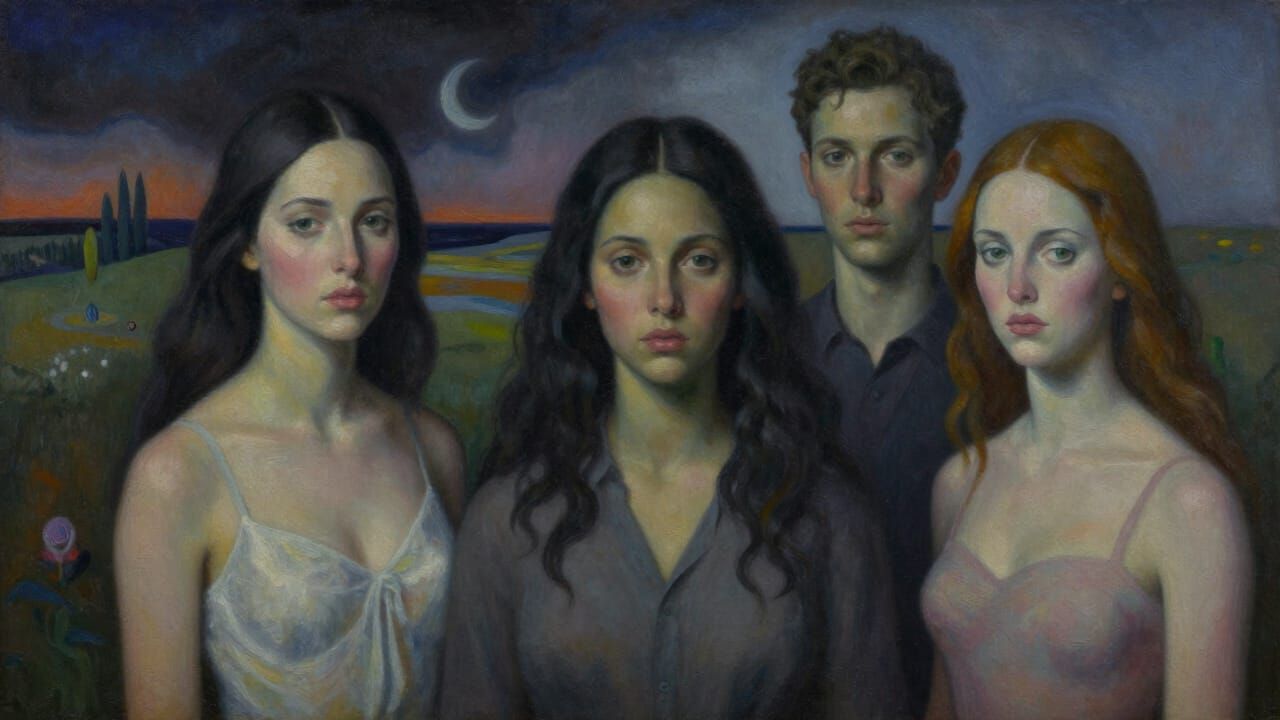 Surreal Dreamscape with Four Figures in Oil and Gouache