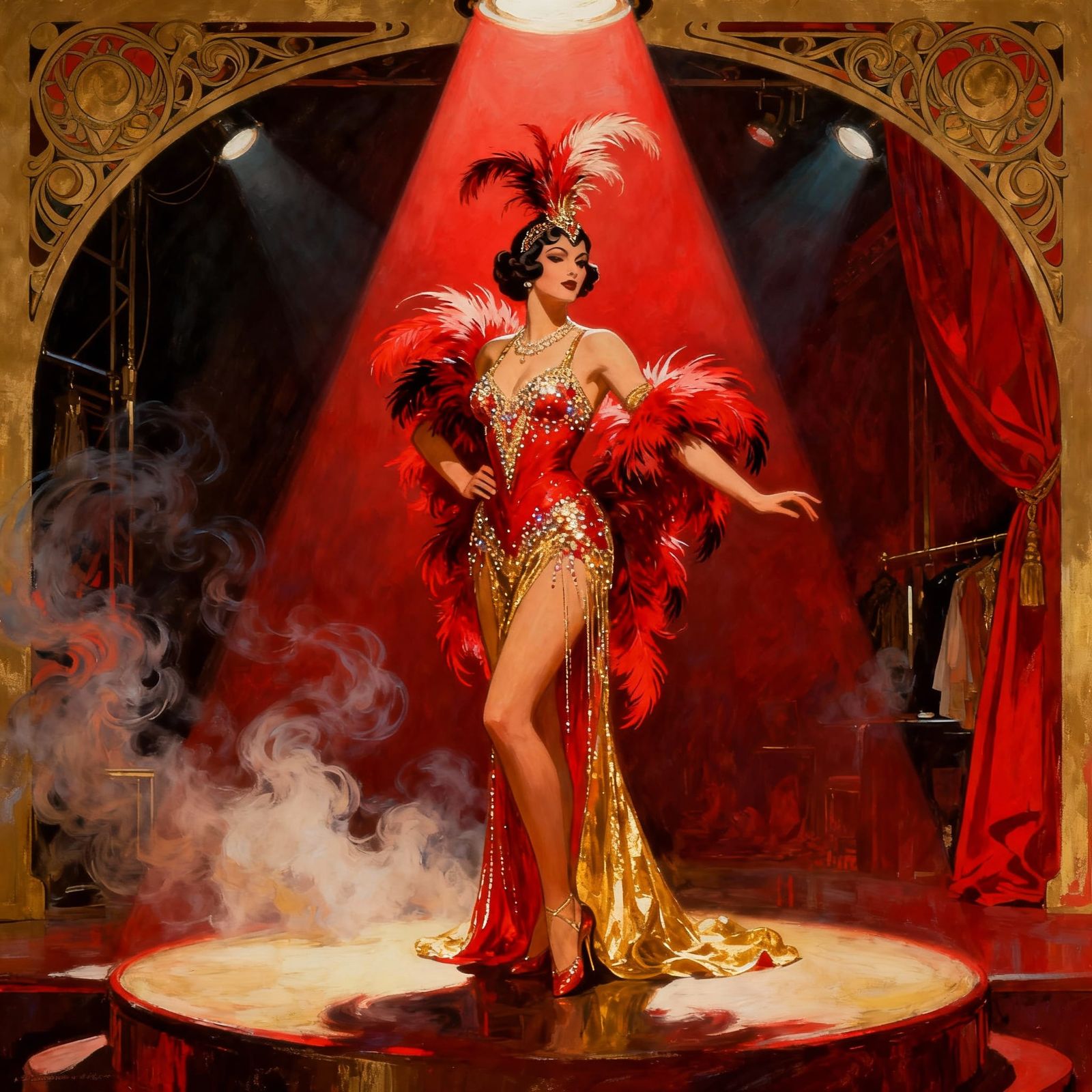 Glamorous Burlesque Showgirl in Red and Gold