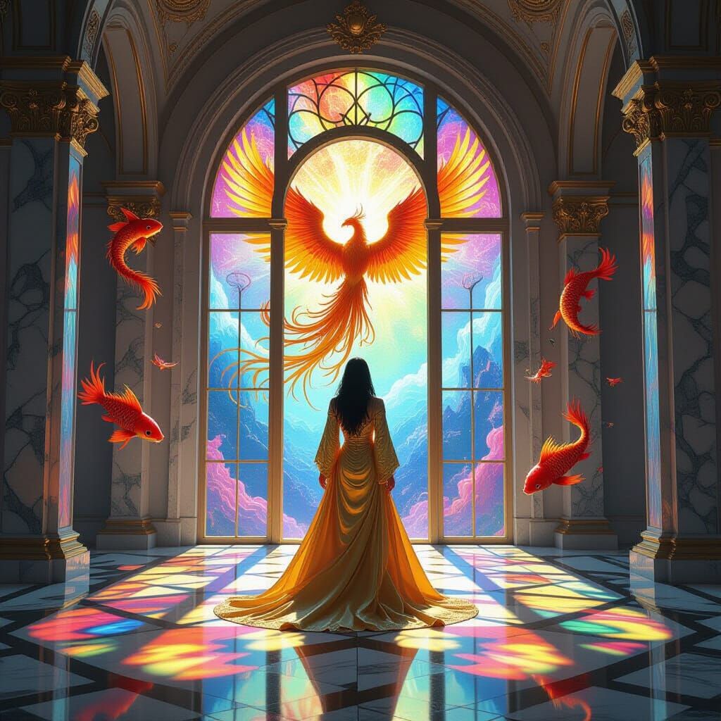 Golden Figure Before Cosmic Stained Glass