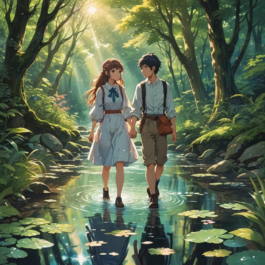Idyllic Anime Landscape with Couple Strolling by Stream
