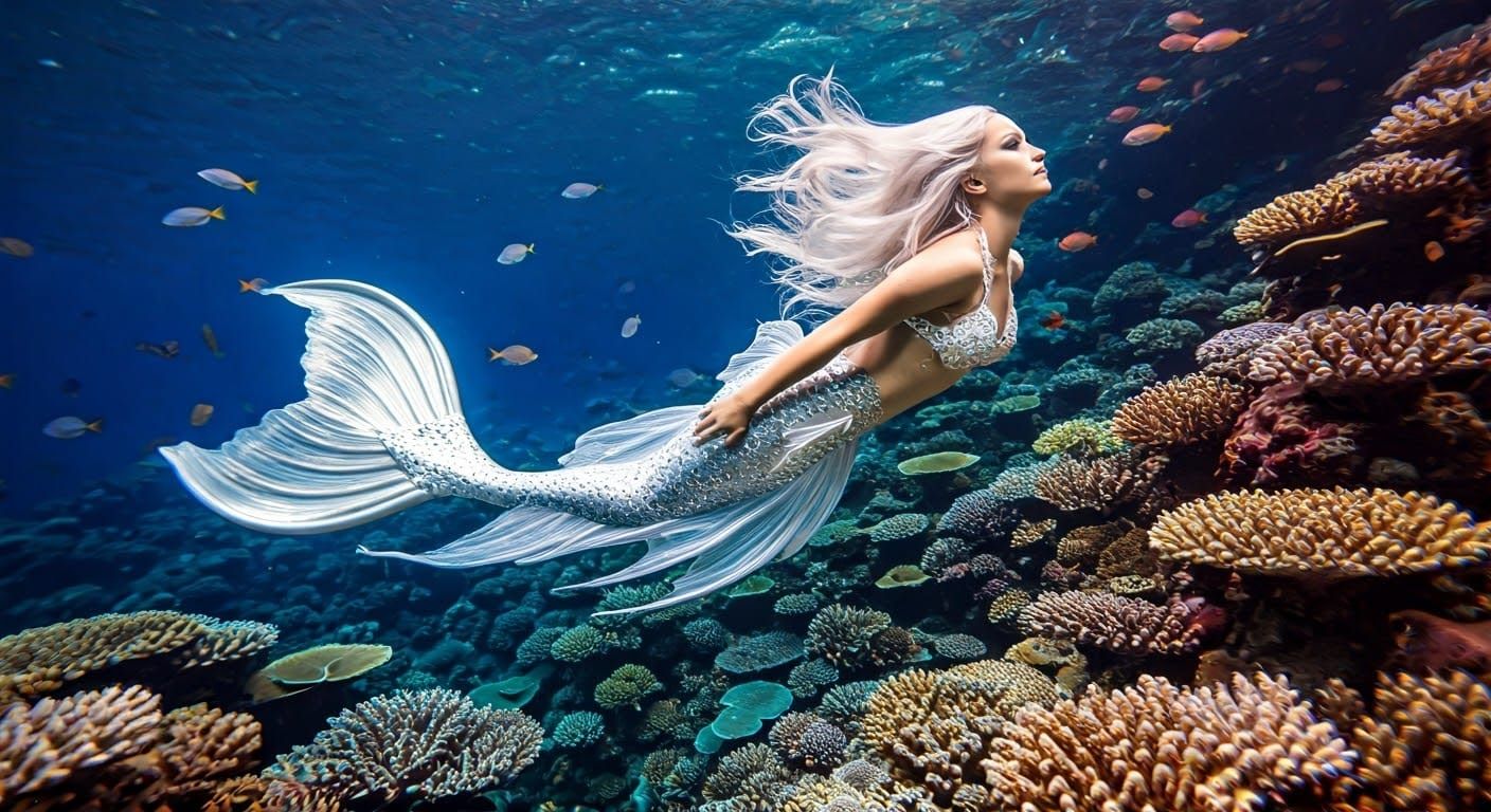 Silver Mermaid in Vibrant Coral Reef