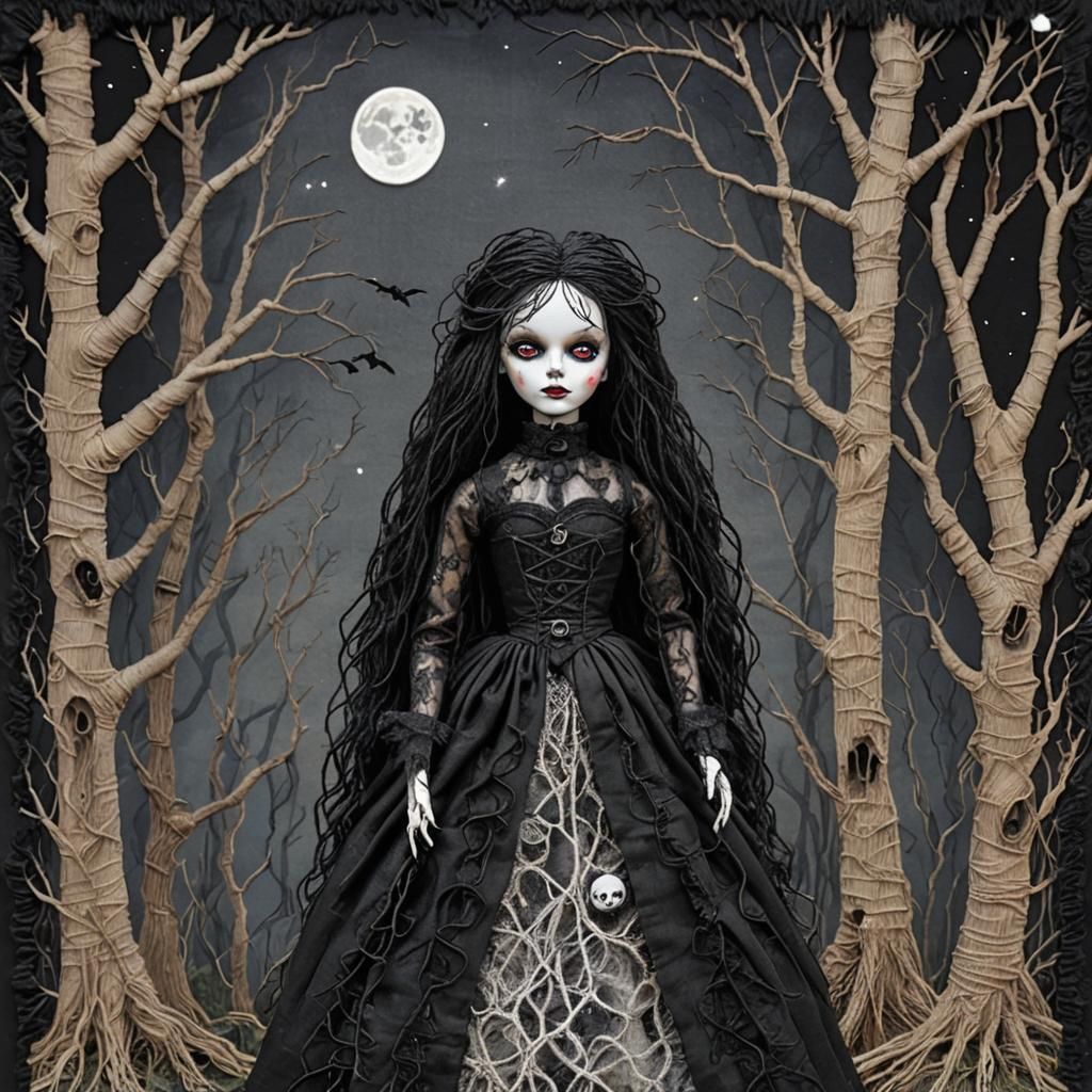 Creepy Goth Doll Tapestry in Moonlit Grove