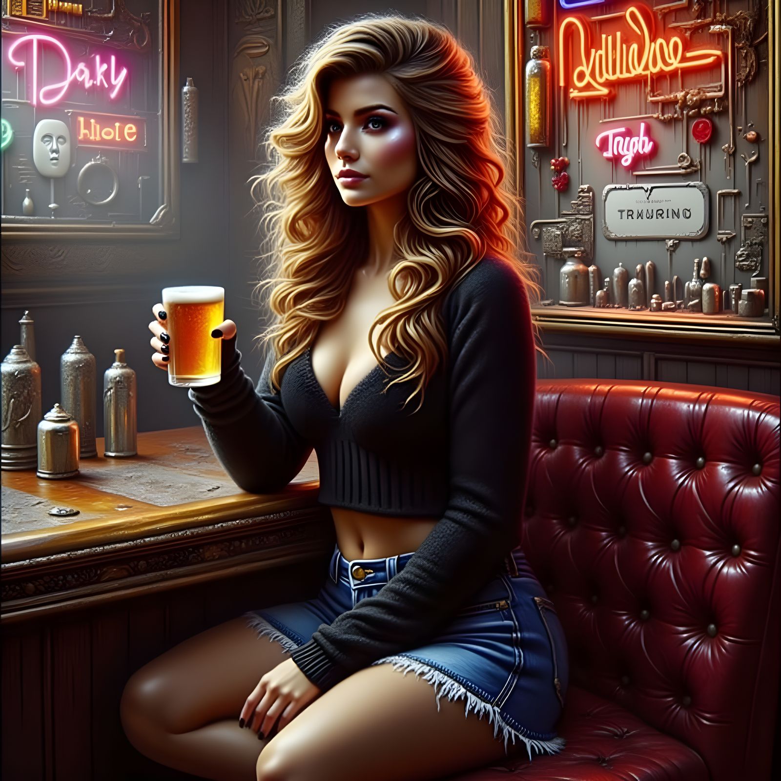 Surreal Scene of a Blonde Woman in a Time Warp Bar