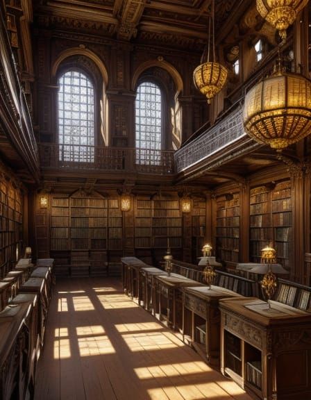 Grand Baroque Library with Elegant Wooden Shelves and Leathe...