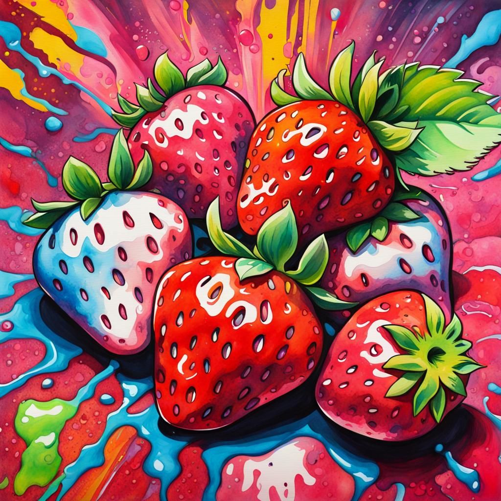 Strawberry Pop Art Watercolor Painting with Graffiti