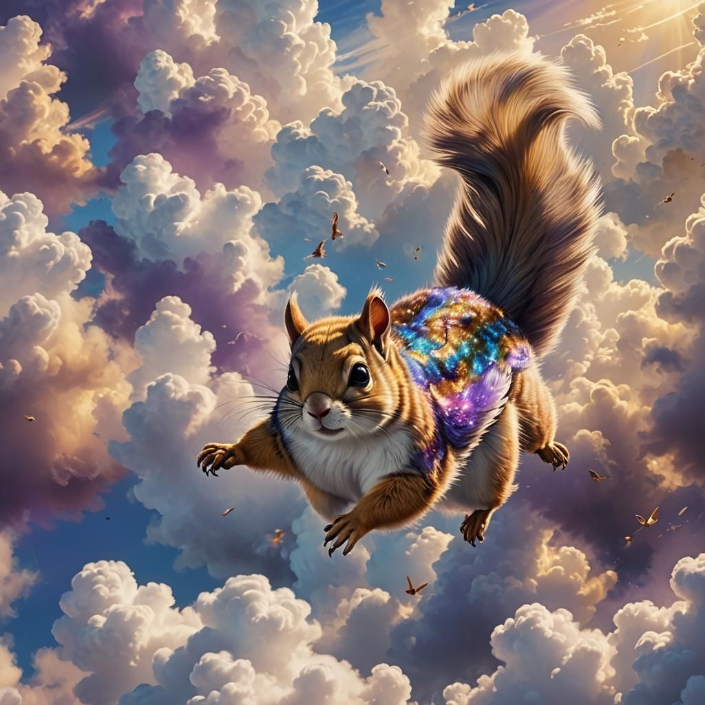 Flying Squirrel Soaring Through Clouds in Digital Painting