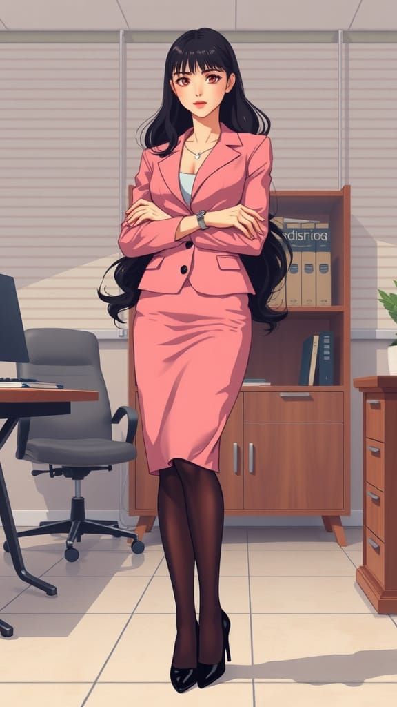 Glamorous 80s Office Anime Goddess in Elegant Suit