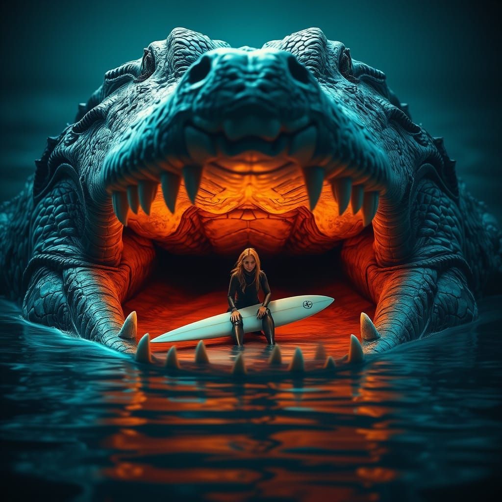 Surreal Crocodile Encounter: Tiny Surfer in Peril