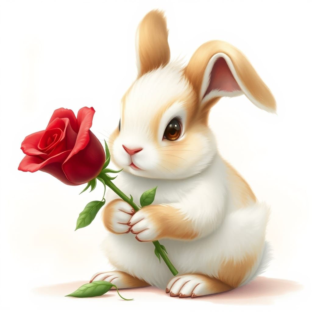 Cute Bunny Holding a Vibrant Rose in Whimsical Watercolor St...
