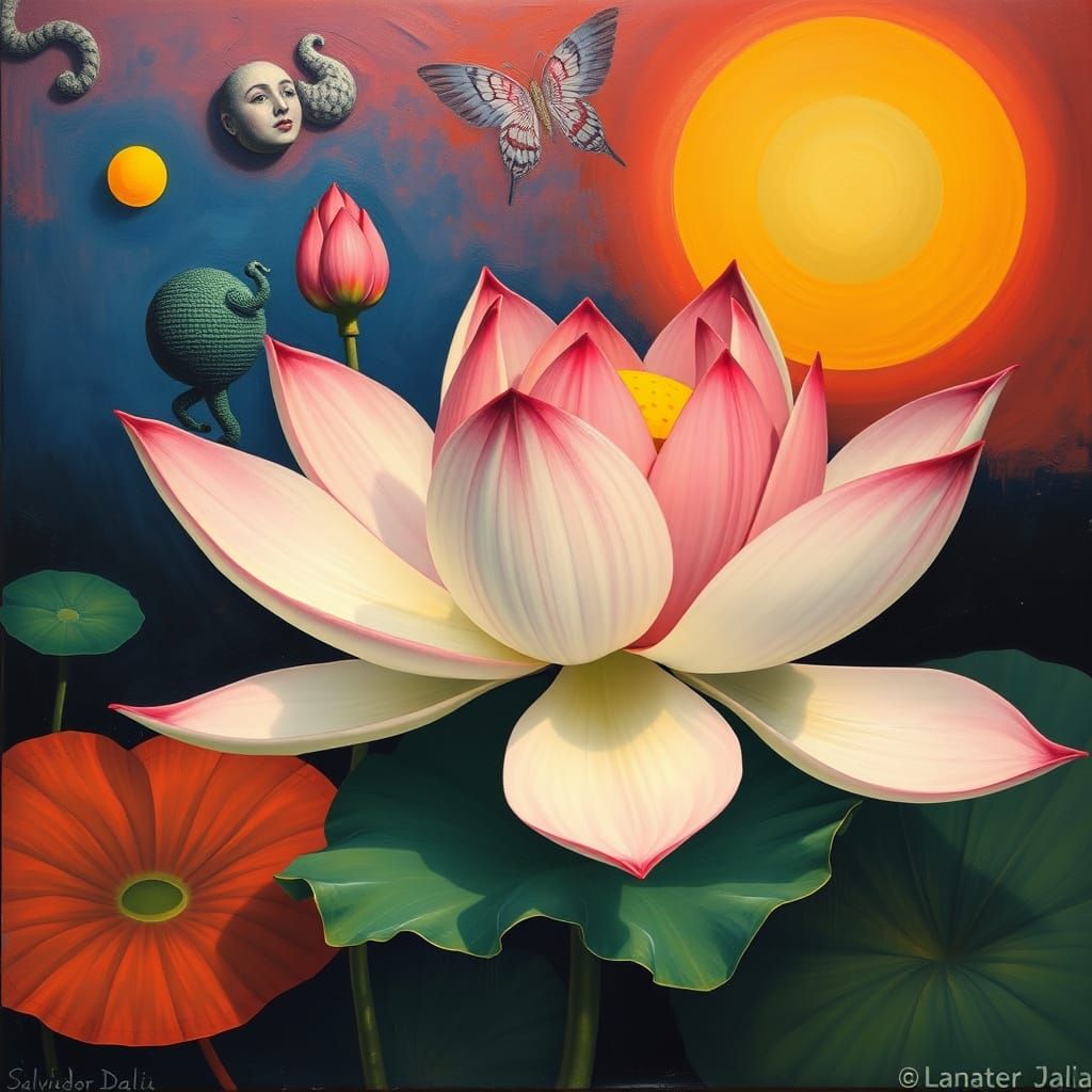 Surrealist Lotus Flower Blooms in Dreamlike Scene