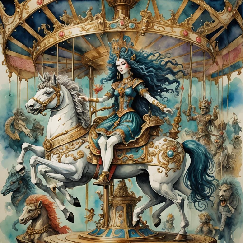 Anunnaki Deity on Carousel: Fantasy Watercolor and Ink