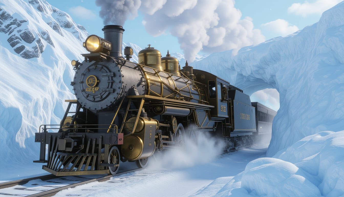 Steampunk Brass Locomotive Battles Snow Wall