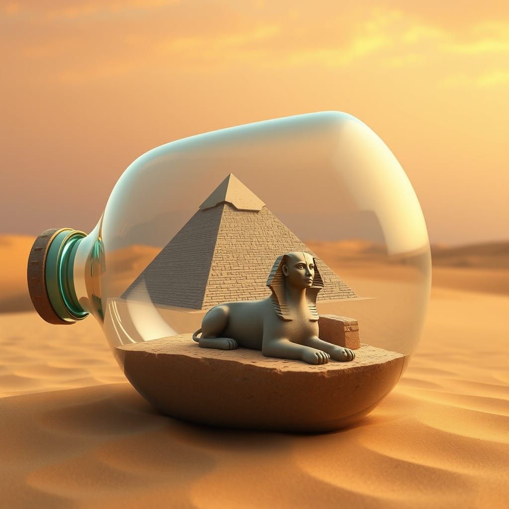 Ancient Pyramids in Glass Bottle with Regal Sphinx Guardian