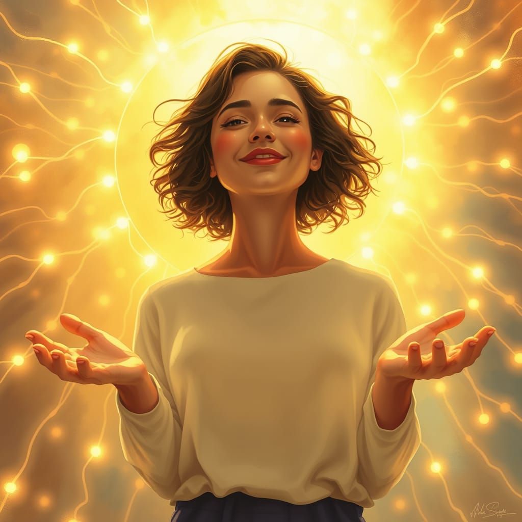 Woman Embracing Global Community in Vibrant Digital Art