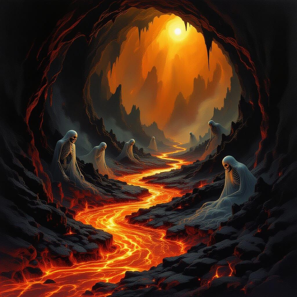 Ghosts Ascend From Lava River in Dark Underworld