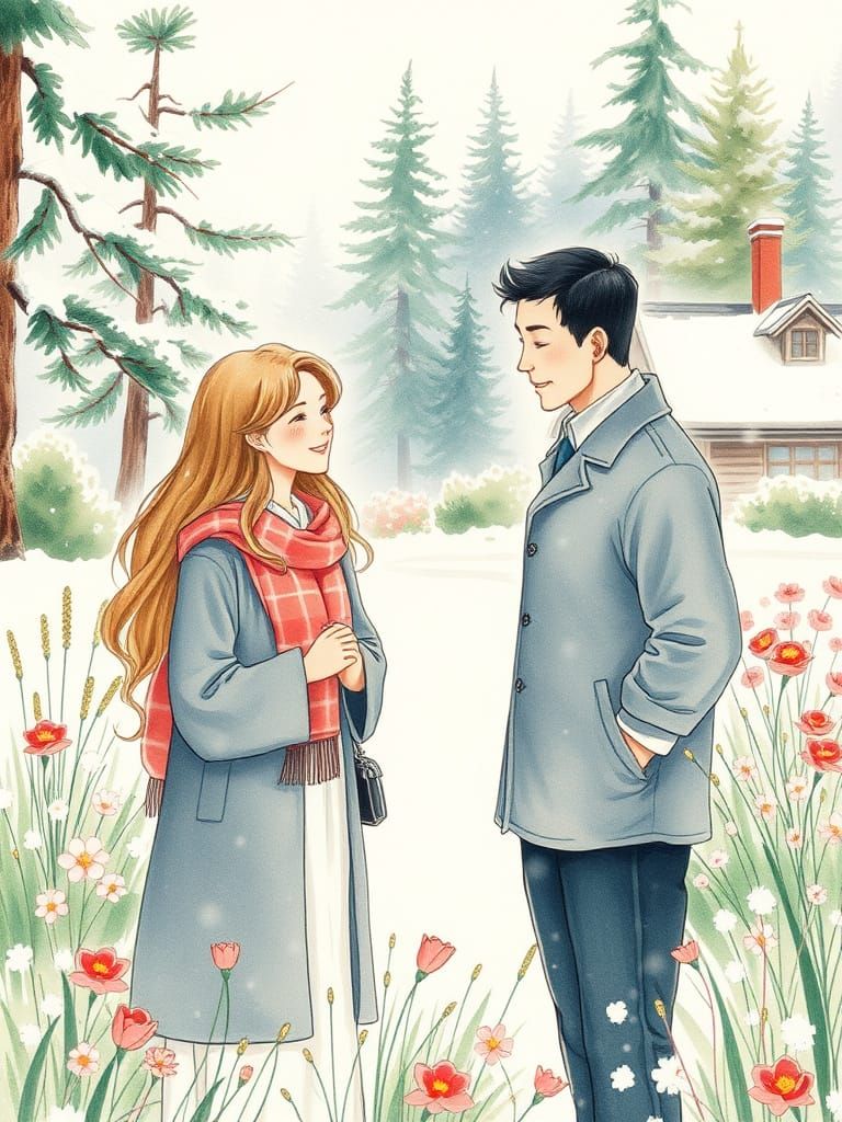 Winter Wonderland Couple in Watercolor Style