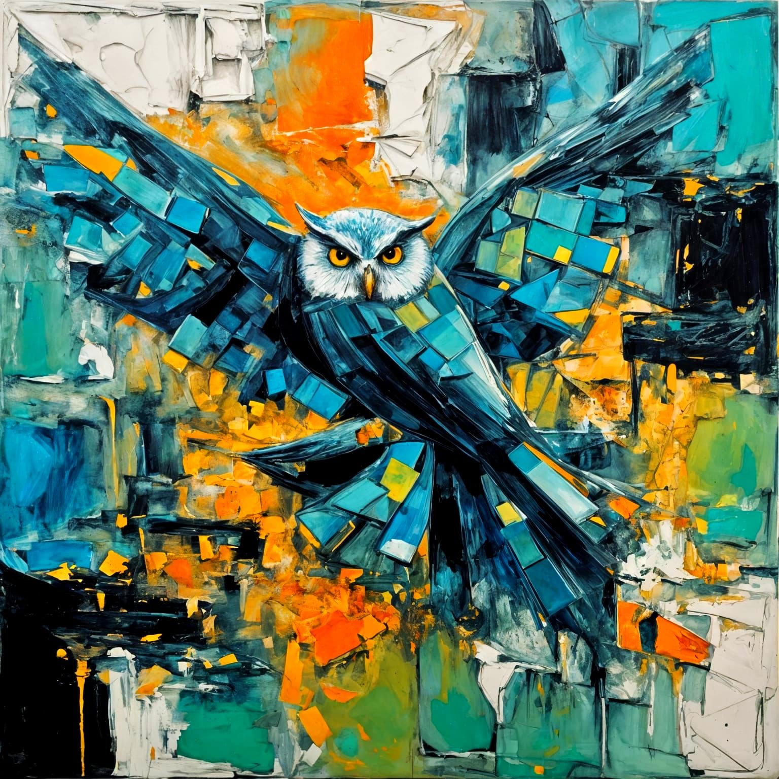 Abstract Owl Soars Through the Night Sky