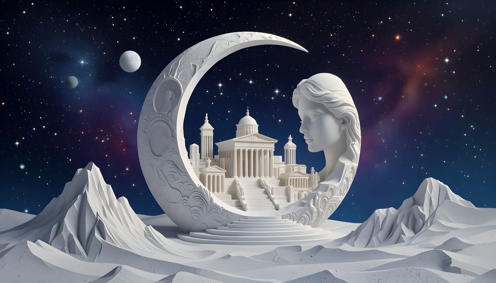 Hollow Moon City in Cosmic Night Sky