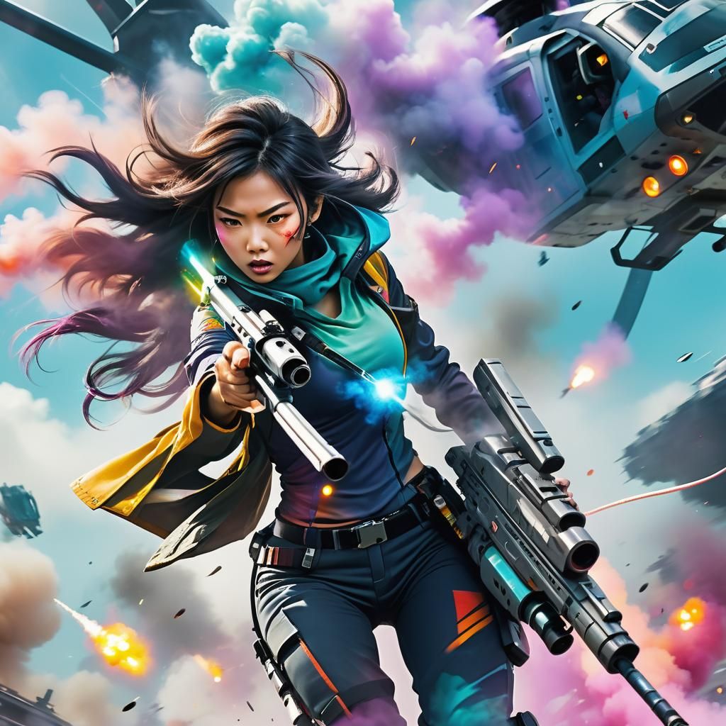 Cosplay Asian Woman Descends from Futuristic Helicopter