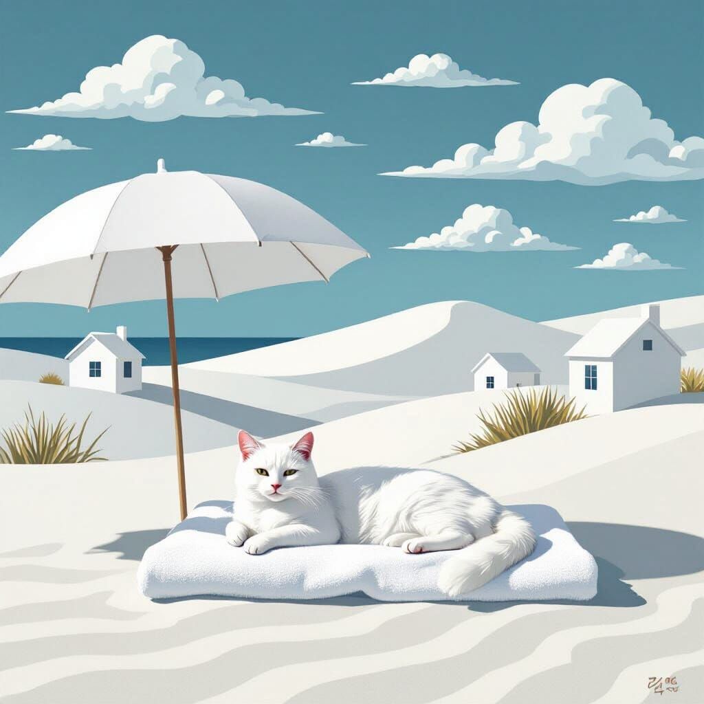 White Cat on White Beach: Minimalist Composition