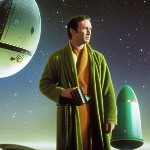 Arthur Dent with Towel in Classic Sci-Fi Style