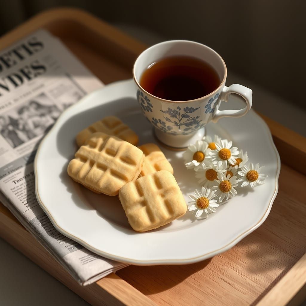 Still life image of shortbread cookies on a white plate, acc...