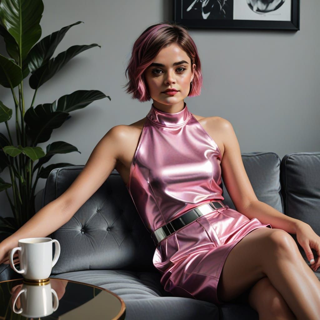 Pink Haired Woman on Sofa in Gerhard Richter Style