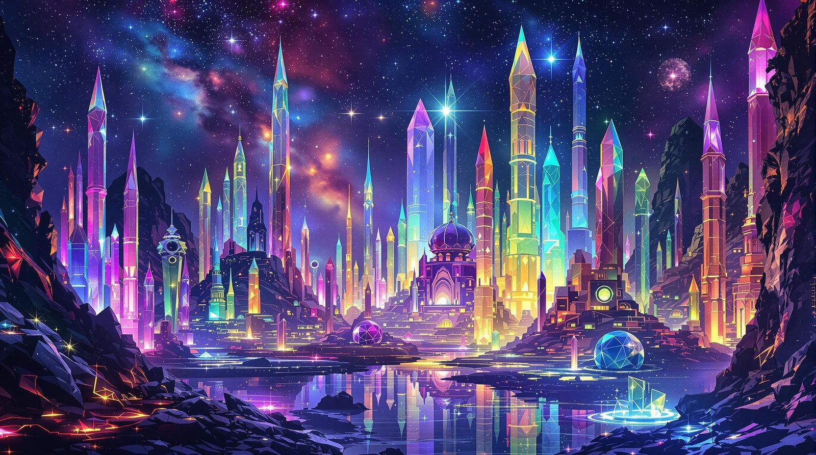Surreal Cosmic City Glows with Dark-Rainbow Crystal Majesty