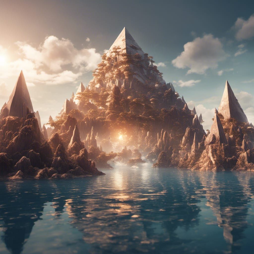 Crystal Pyramids Surrounded by Water: Detailed Matte Paintin...