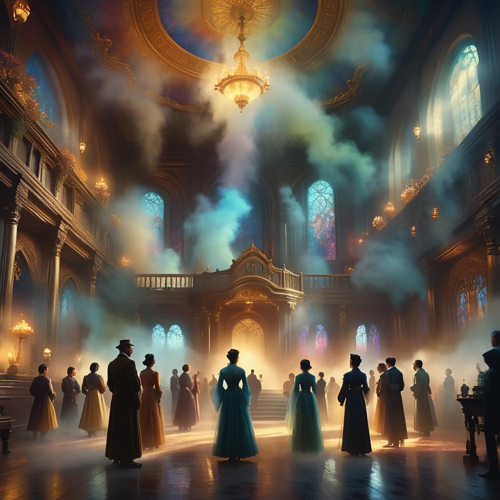 Ethereal Ancestral Spirits in Misty Hall - Digital Art